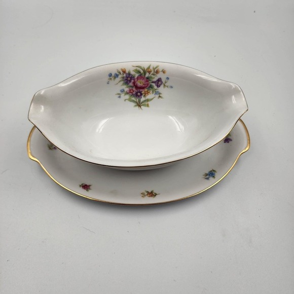 Sango Other - Vintage Dresdenia by Sango Floral with Golden Trim Gravy Boat attached Plate
